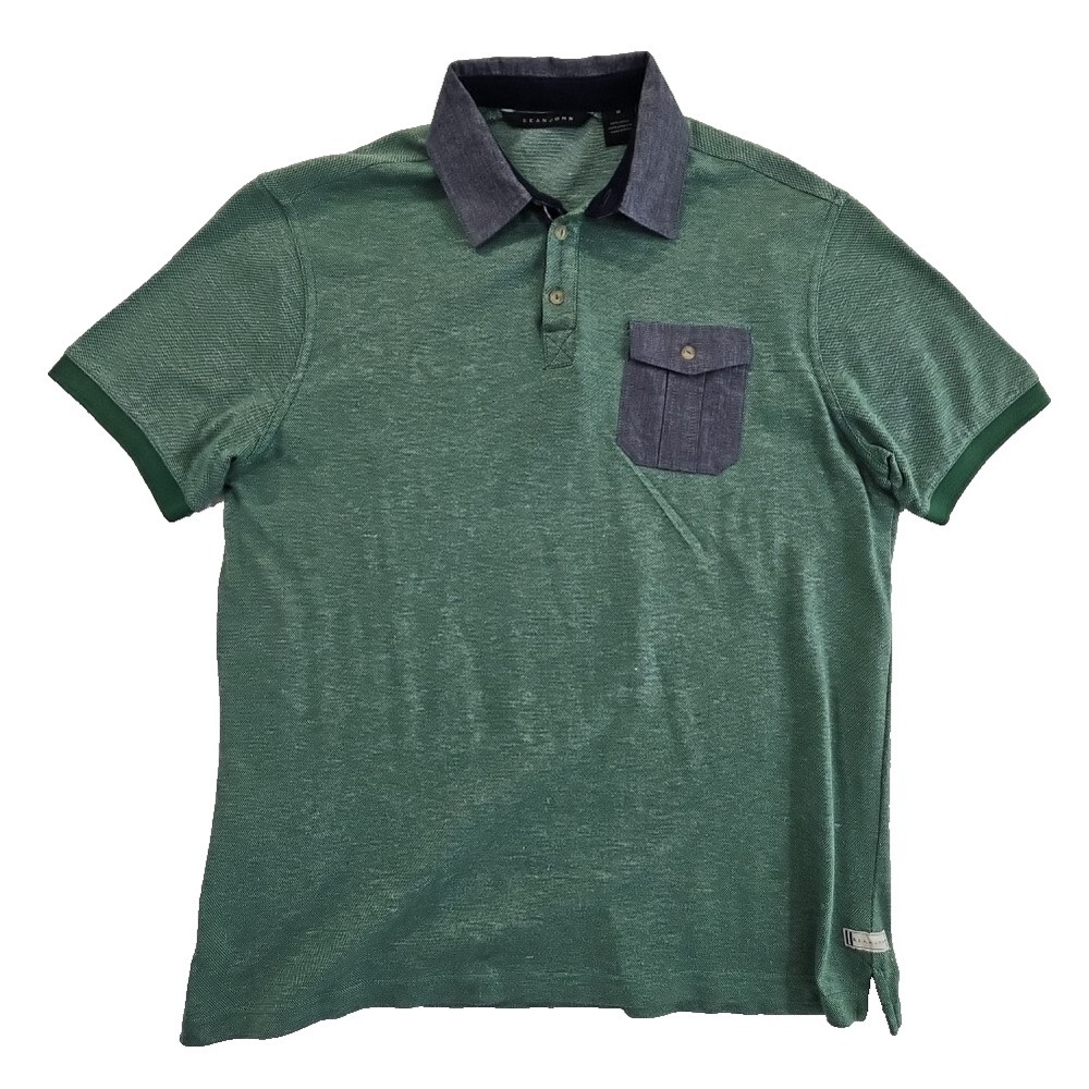 Sean John Polo Shirt Mens Medium Green Blue Short Sleeve Pocket Retro